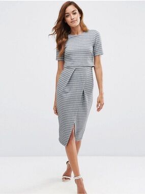 ASOS Striped Gray Midi Dress with Front Slit